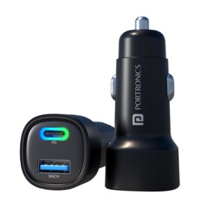 Portronics Car Power 30 Dual Output Fast Car Charger with 30W Type-C PD & 30W USB, LED Indicator, Charging Adapter Compatible with Cars for iPhone & Android Smartphone, Smartwatch(Black)